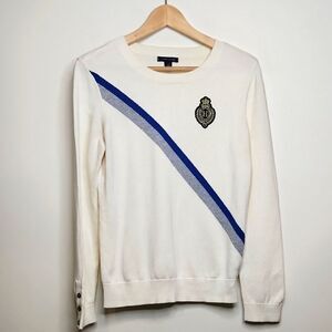 Tommy Hilfiger White Sweater with Blue and Gray Stripes‎ Women's Round Neck